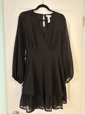 Black Long Sleeve Layered Chiffon Dress